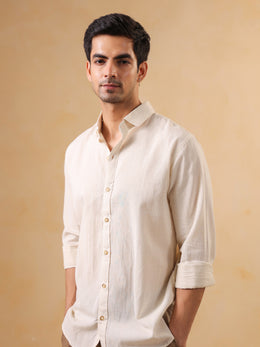 Beige Solid Cotton Band Collar Men's Shirt