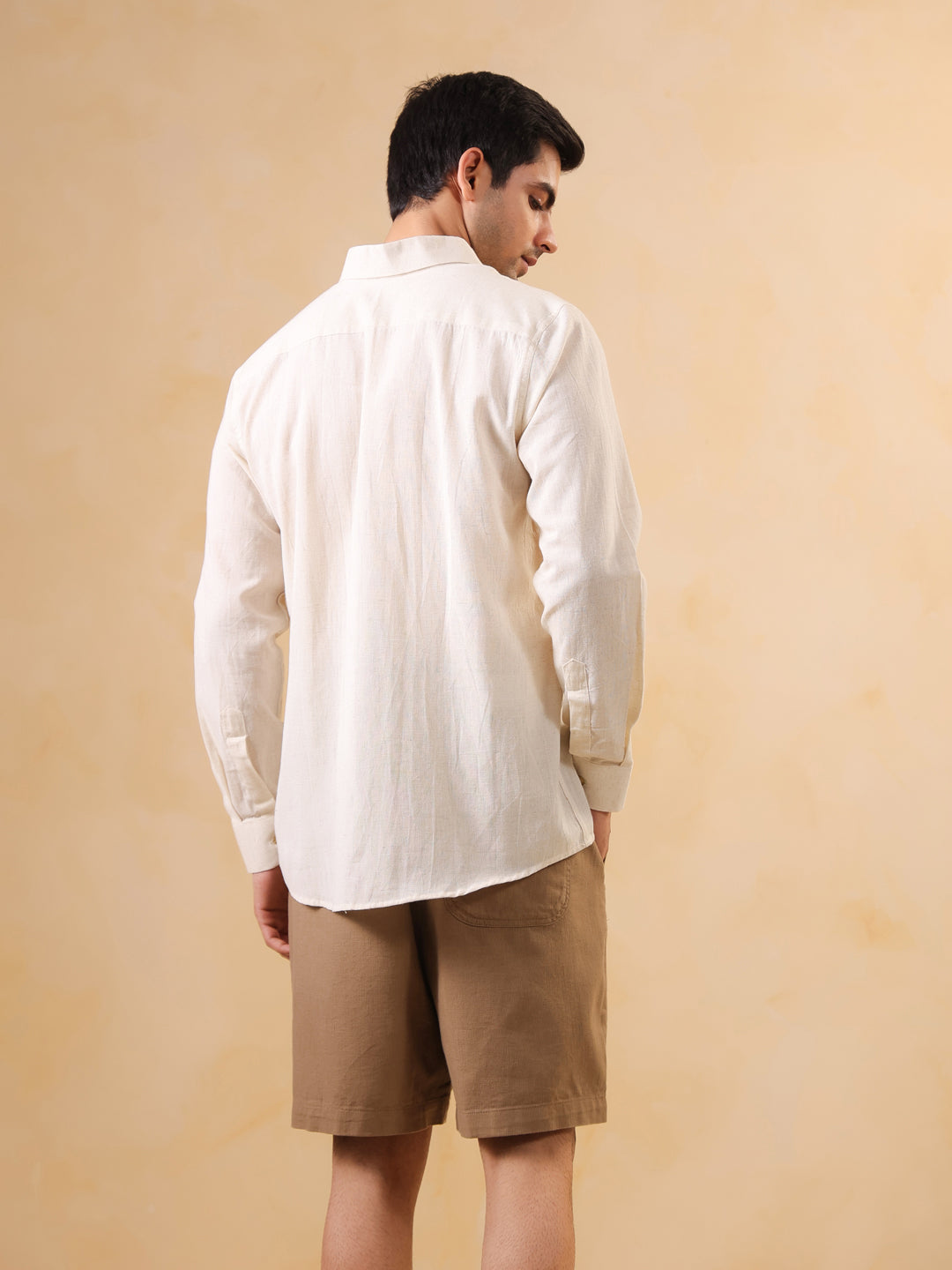 Beige Solid Band Collar Relaxed Fit Cotton Men's Shirt