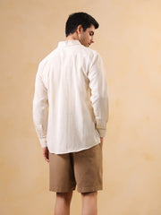 Beige Solid Cotton Band Collar Men's Shirt