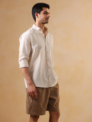 Beige Solid Cotton Band Collar Men's Shirt