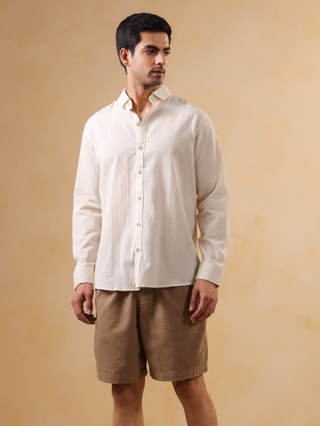 Beige Solid Band Collar Relaxed Fit Cotton Men's Shirt