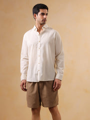 Beige Solid Cotton Band Collar Men's Shirt