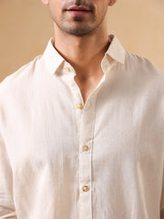 Beige Solid Cotton Band Collar Men's Shirt