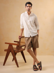 Beige Solid Cotton Band Collar Men's Shirt
