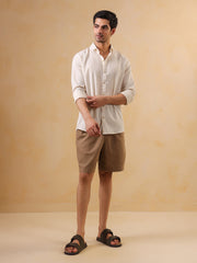 Beige Solid Cotton Band Collar Men's Shirt