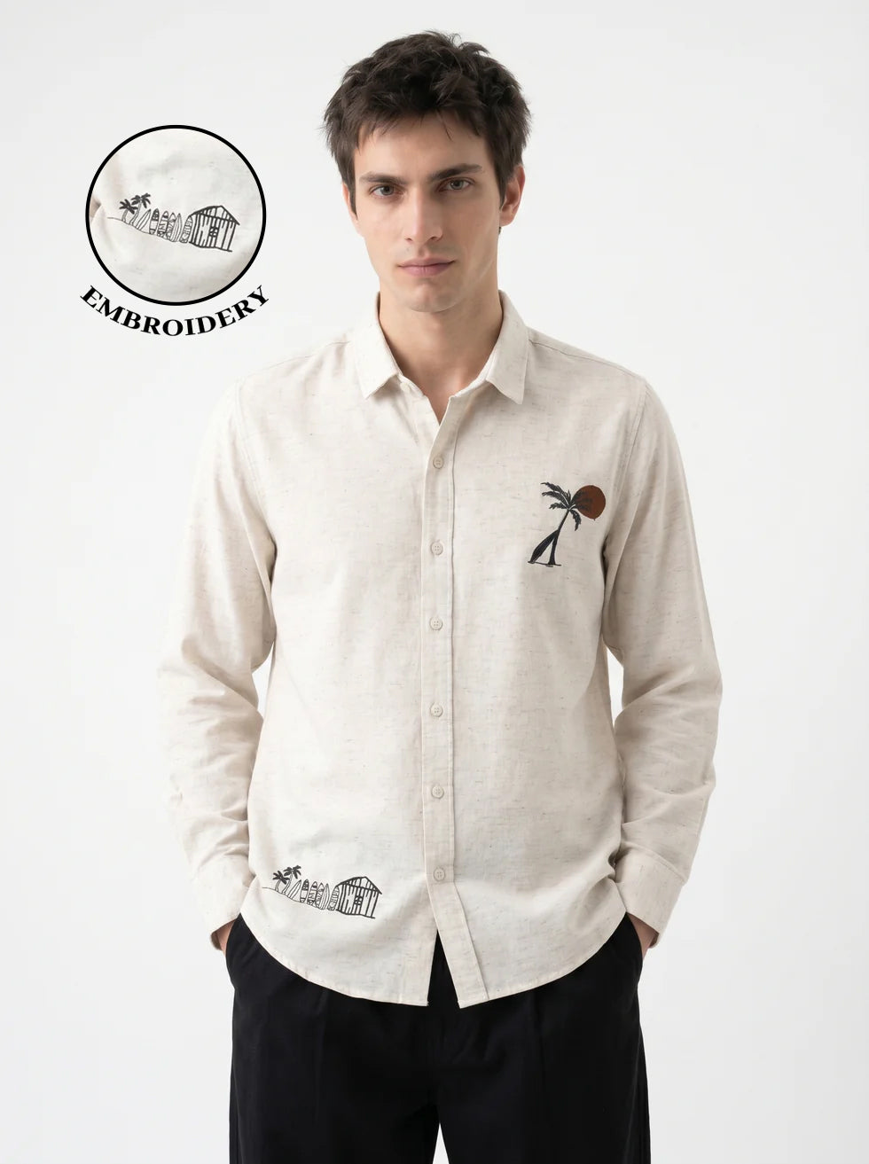 Beige Floral Embroidered Band Collar Cotton Men's Shirt