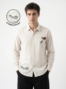 Beige Floral Embroidered Band Collar Cotton Men's Shirt