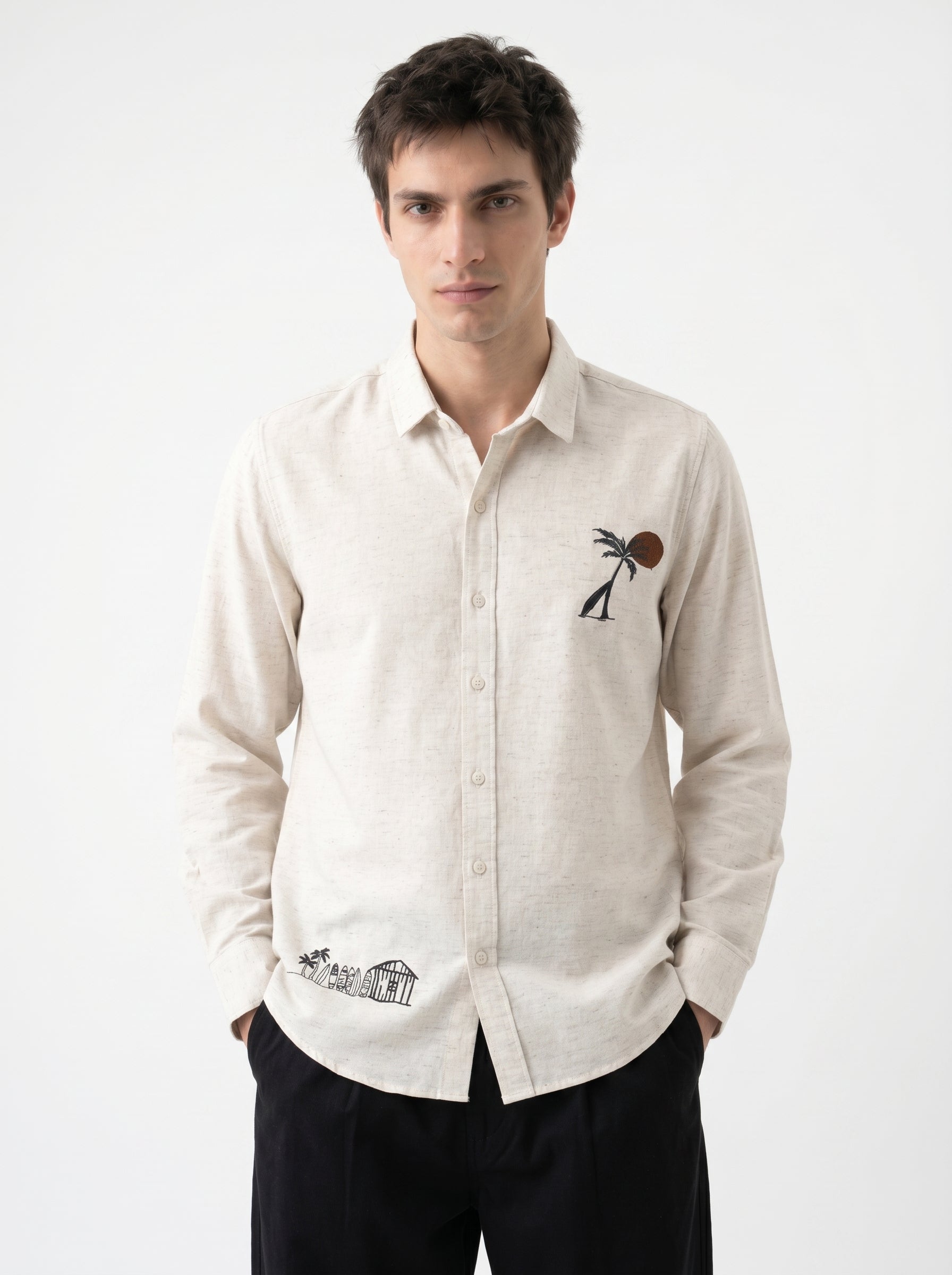 Beige Solid Band Collar Regular Fit Casual Cotton Men's Shirt