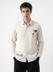 Beige Floral Embroidered Band Collar Cotton Men's Shirt