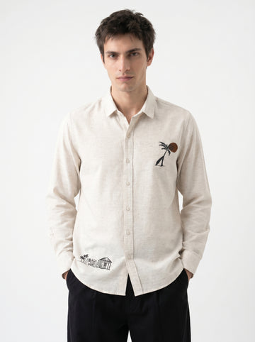Beige Solid Band Collar Regular Fit Casual Cotton Men's Shirt
