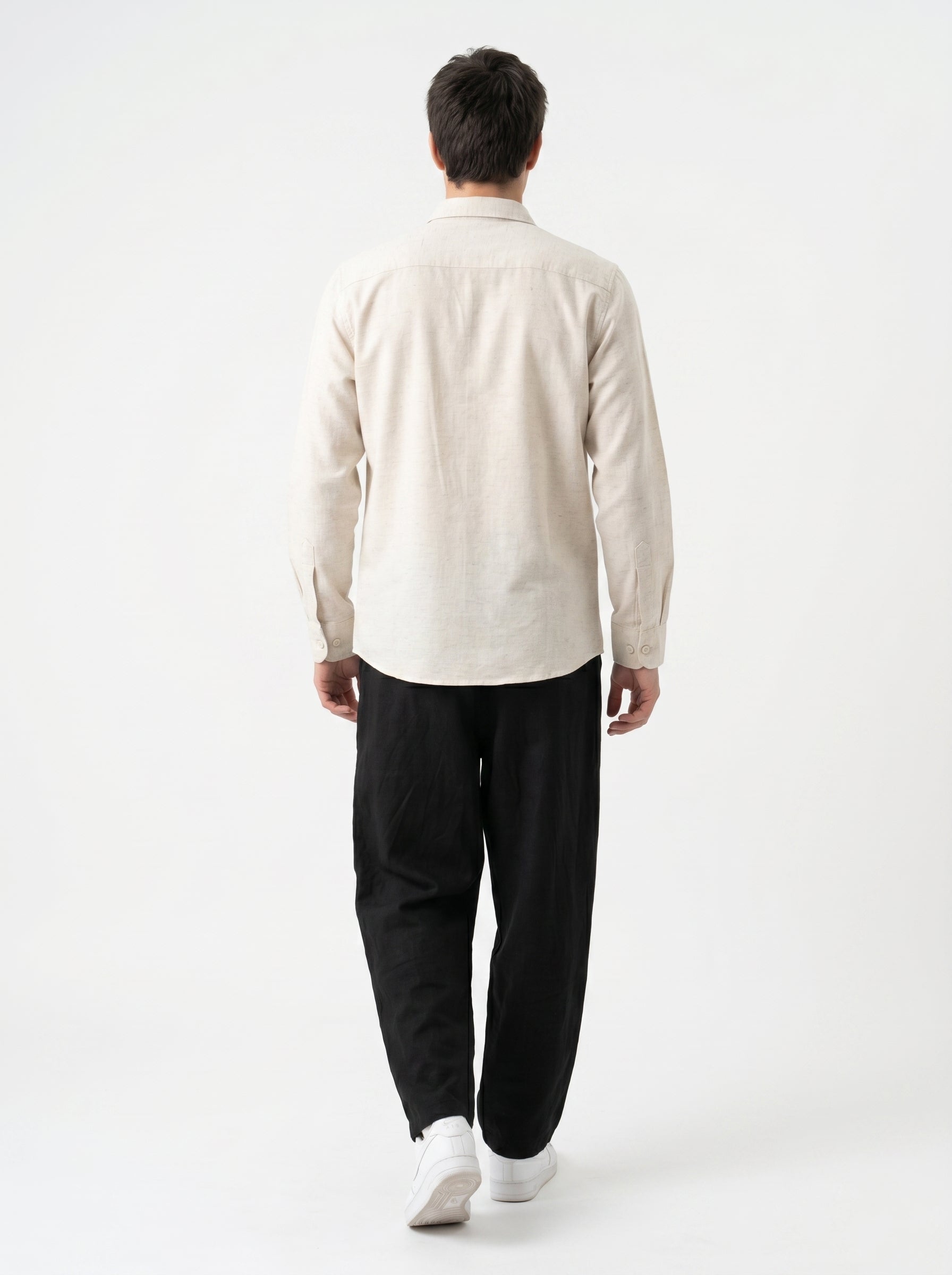 Beige Solid Band Collar Regular Fit Casual Cotton Men's Shirt
