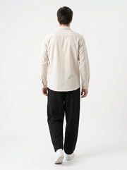 Beige Floral Embroidered Band Collar Cotton Men's Shirt