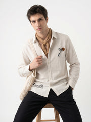 Beige Floral Embroidered Band Collar Cotton Men's Shirt