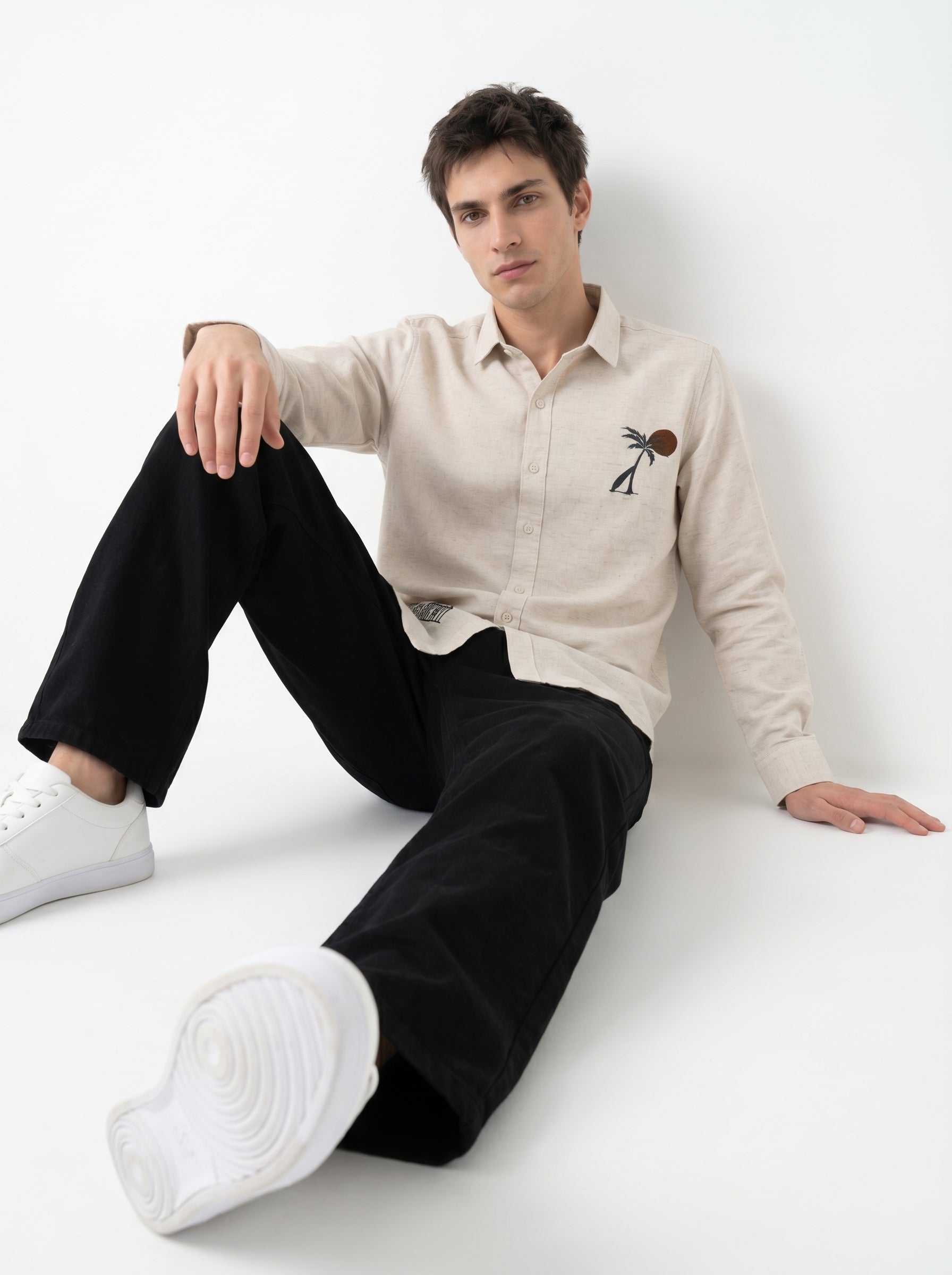 Beige Solid Band Collar Regular Fit Casual Cotton Men's Shirt