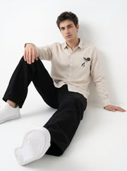 Beige Floral Embroidered Band Collar Cotton Men's Shirt