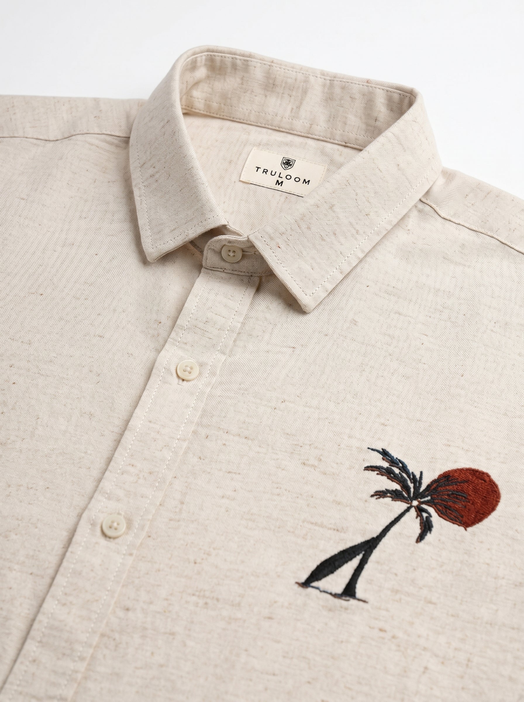 Beige Solid Band Collar Regular Fit Casual Cotton Men's Shirt