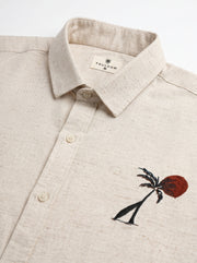 Beige Floral Embroidered Band Collar Cotton Men's Shirt