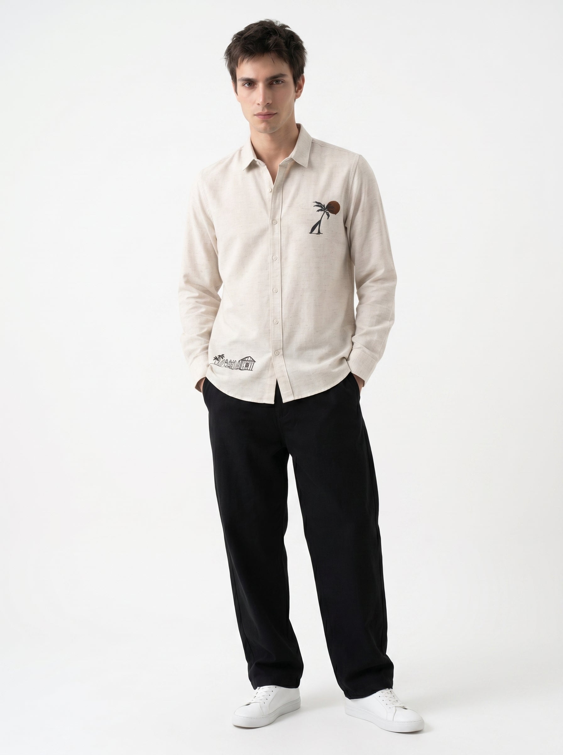 Beige Solid Band Collar Regular Fit Casual Cotton Men's Shirt