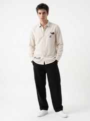 Beige Floral Embroidered Band Collar Cotton Men's Shirt