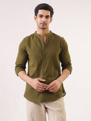 Olive Solid Cotton Mandarin Collar Men's Shirt