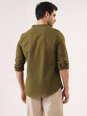 Olive Solid Cotton Mandarin Collar Men's Shirt
