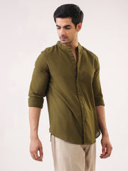 Olive Solid Cotton Mandarin Collar Men's Shirt