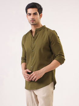 Olive Solid Cotton Mandarin Collar Men's Shirt
