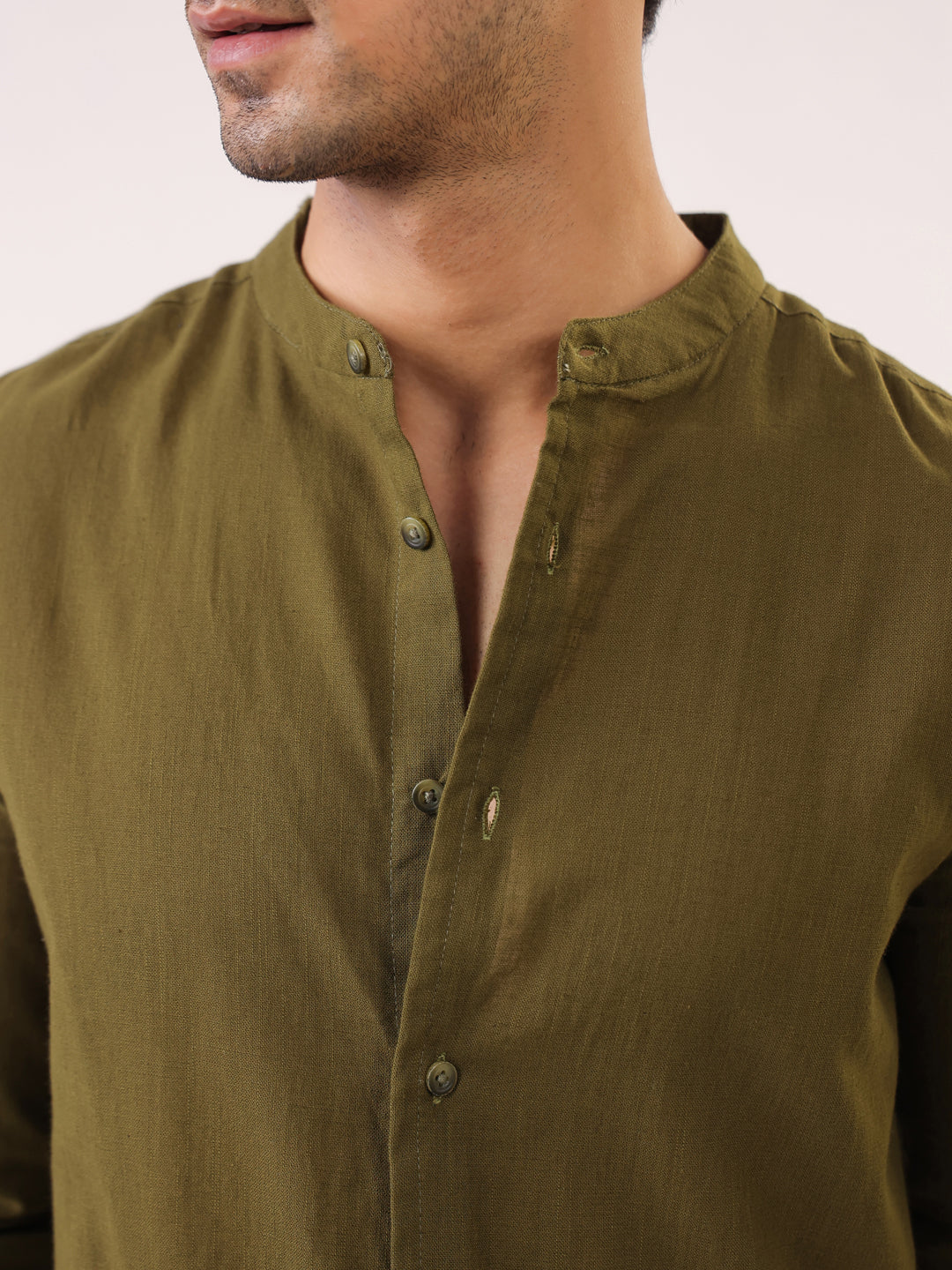 Olive Solid Print Mandarin Collar Regular Fit Cotton Men's Shirt