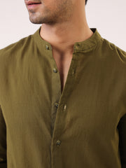 Olive Solid Cotton Mandarin Collar Men's Shirt