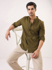 Olive Solid Cotton Mandarin Collar Men's Shirt