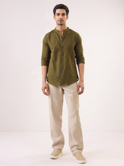 Olive Solid Cotton Mandarin Collar Men's Shirt