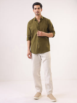 Olive Solid Cotton Band Collar Men's Shirt