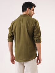 Olive Solid Cotton Band Collar Men's Shirt