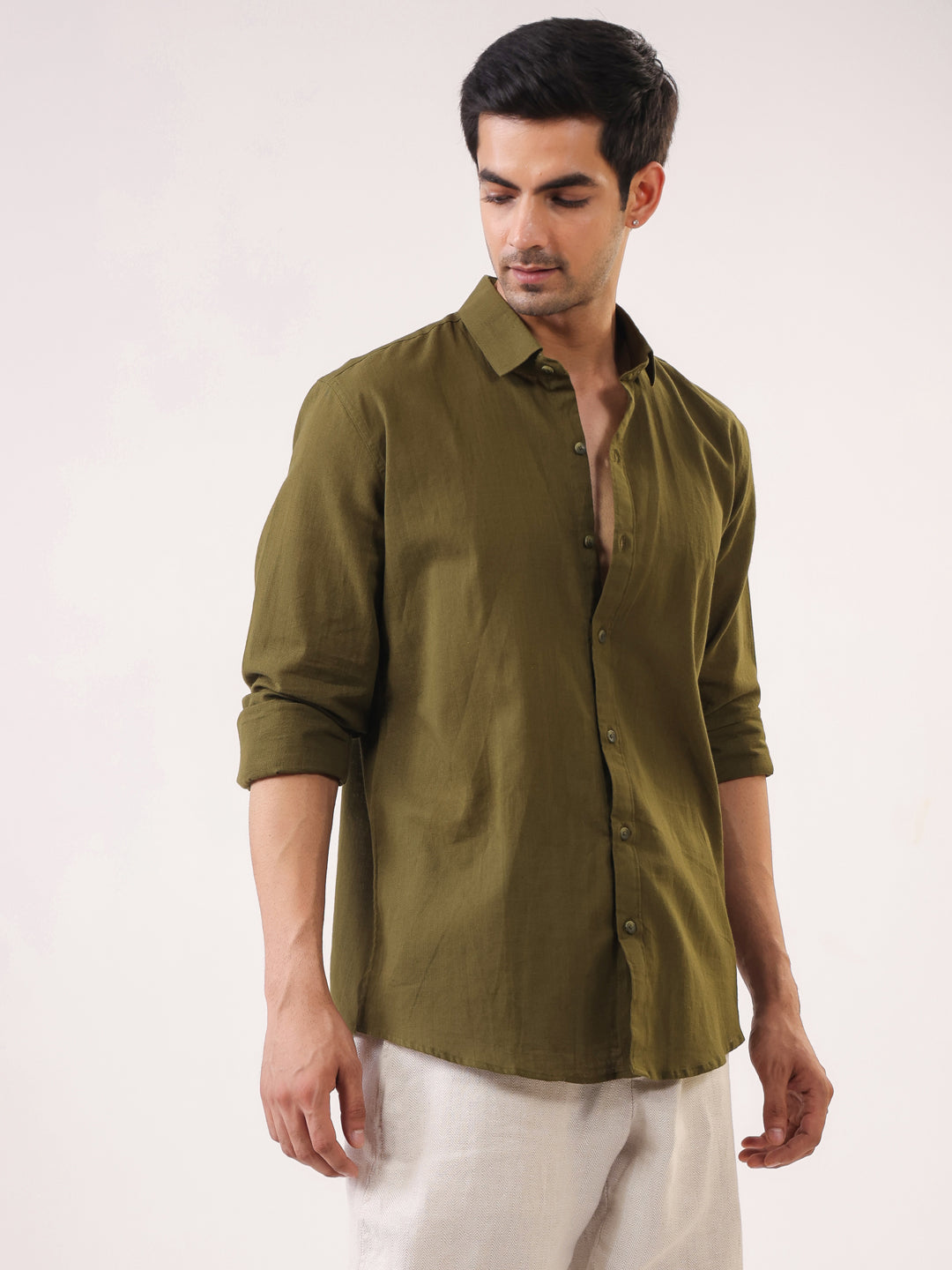 Olive Solid Print Band Collar Relaxed Fit Cotton Men's Shirt