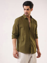 Olive Solid Cotton Band Collar Men's Shirt