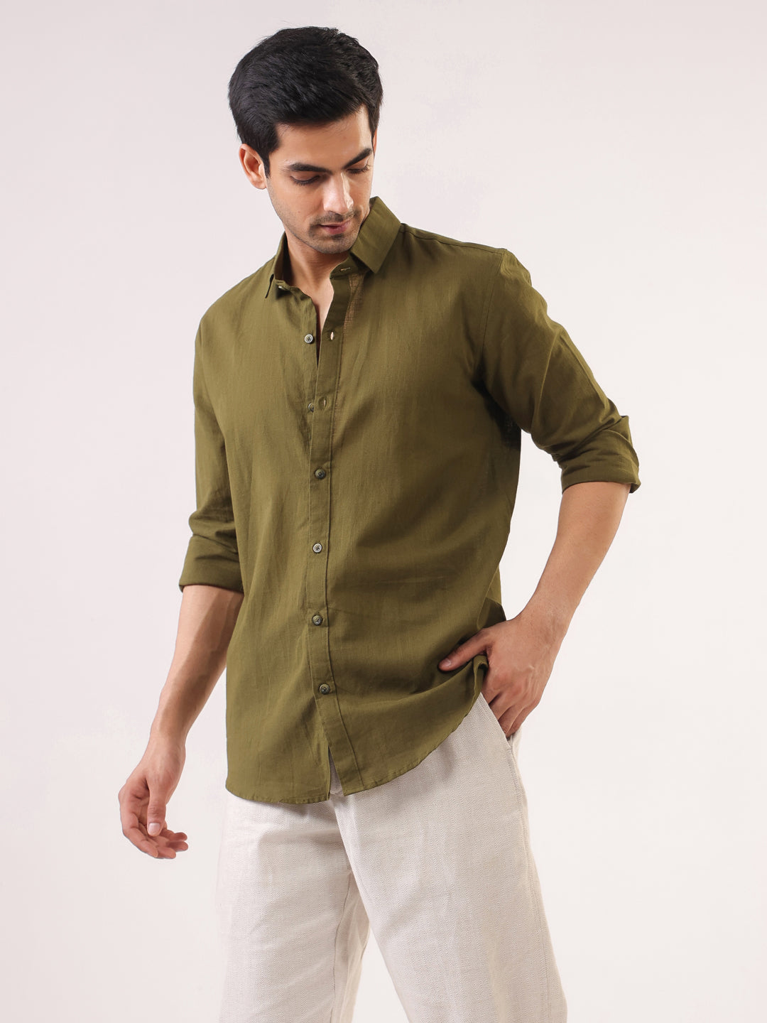 Olive Solid Print Band Collar Relaxed Fit Cotton Men's Shirt