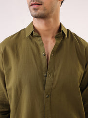 Olive Solid Cotton Band Collar Men's Shirt