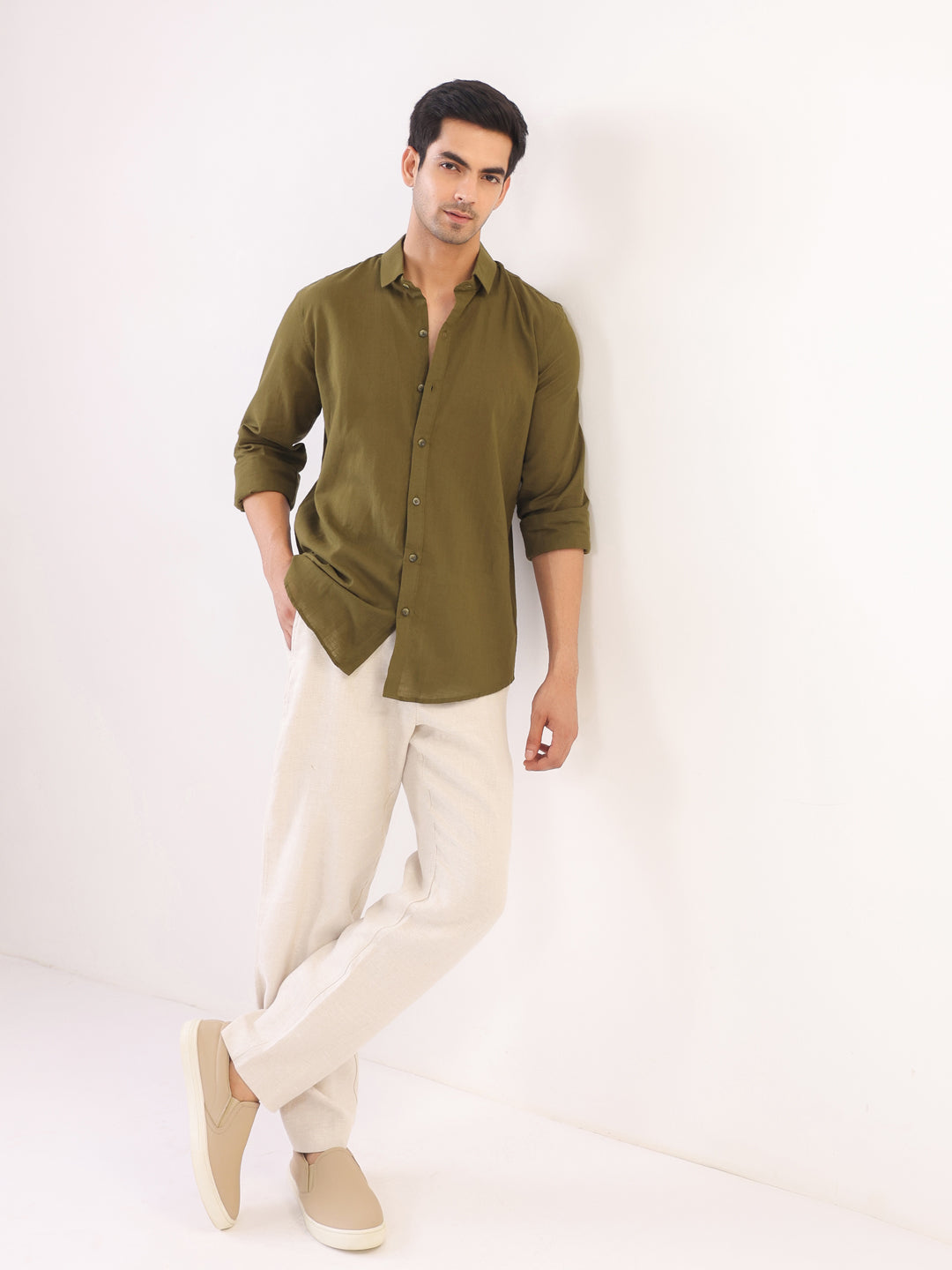 Olive Solid Print Band Collar Relaxed Fit Cotton Men's Shirt