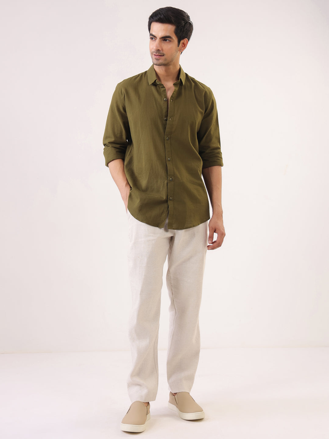 Olive Solid Print Band Collar Relaxed Fit Cotton Men's Shirt