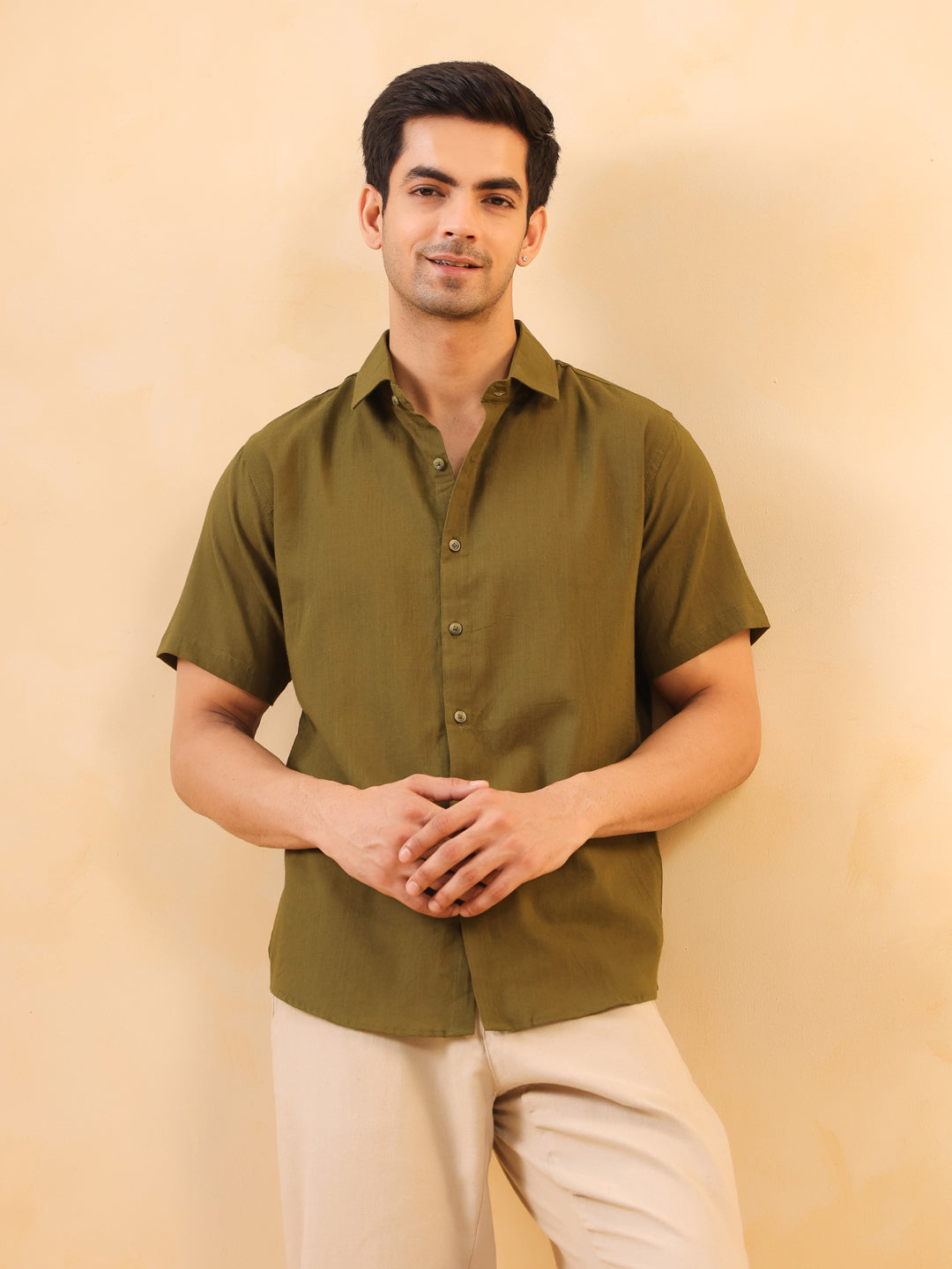 Olive Solid Print Cuban Collar Cotton Men's Shirt