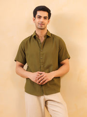Olive Solid Cotton Cuban Collar Men's Shirt