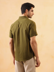 Olive Solid Cotton Cuban Collar Men's Shirt