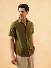 Olive Solid Cotton Cuban Collar Men's Shirt