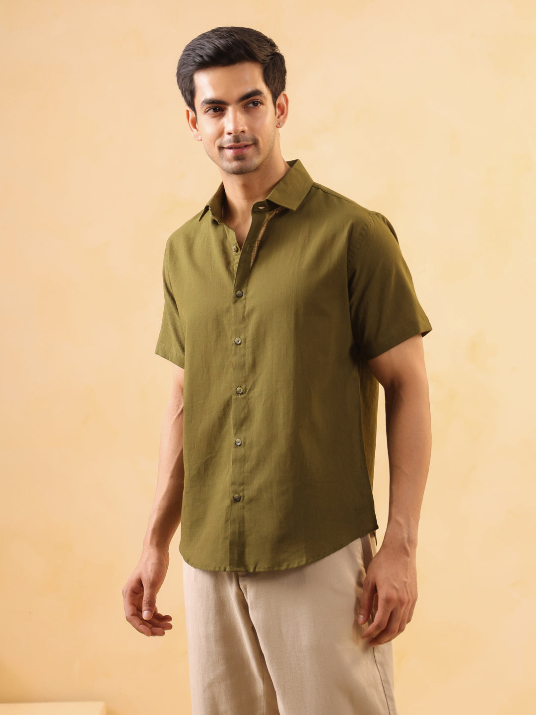 Olive Solid Print Cuban Collar Cotton Men's Shirt