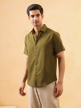 Olive Solid Cotton Cuban Collar Men's Shirt