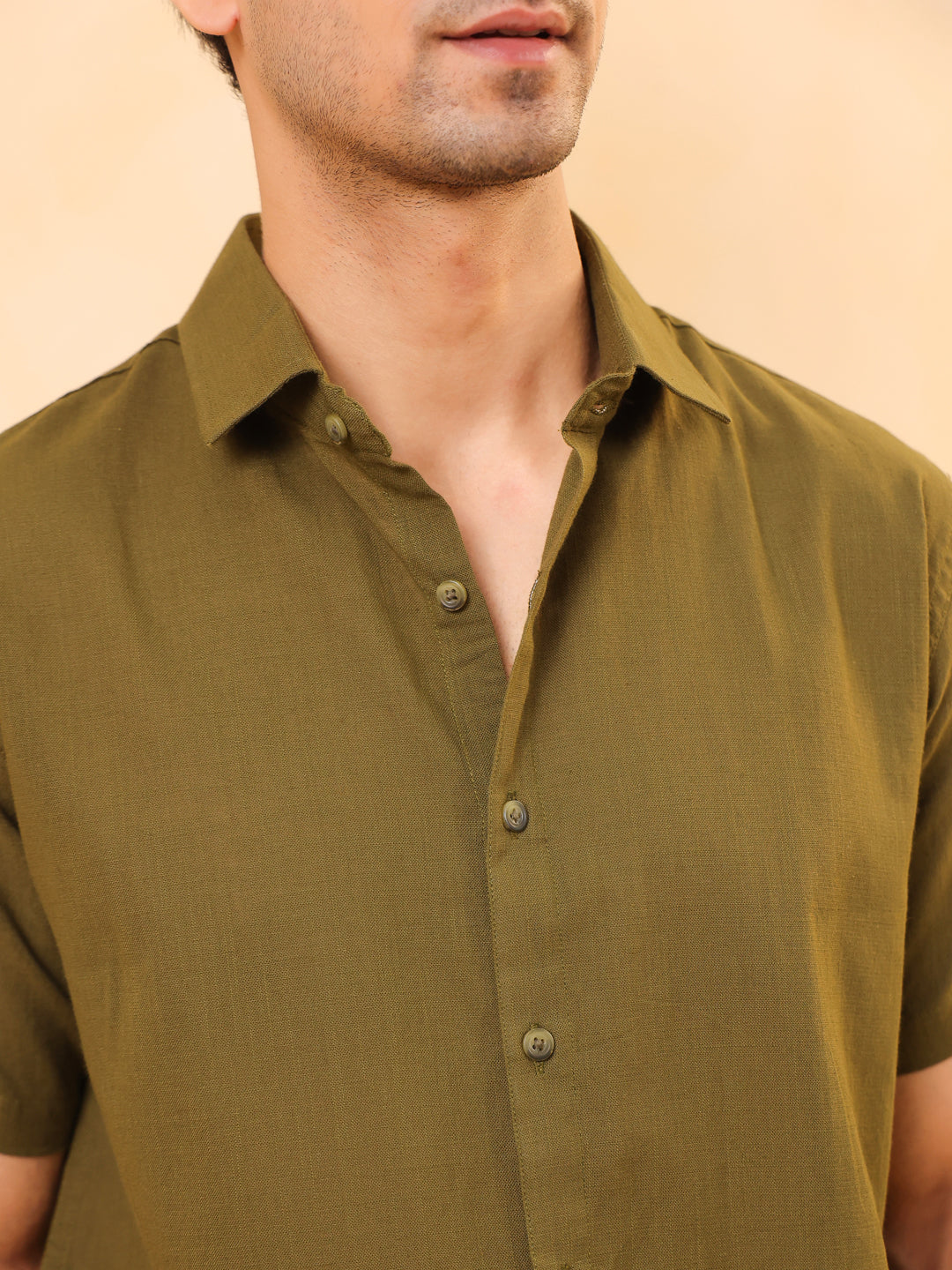 Olive Solid Print Cuban Collar Cotton Men's Shirt