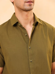Olive Solid Cotton Cuban Collar Men's Shirt