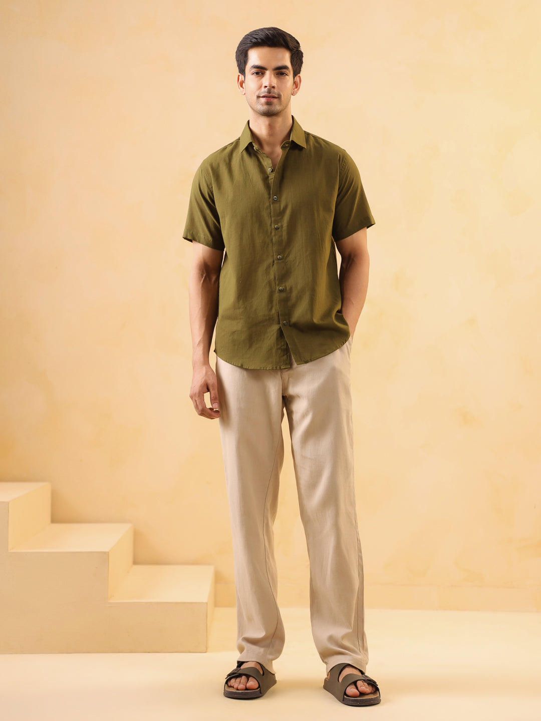 Olive Solid Print Cuban Collar Cotton Men's Shirt