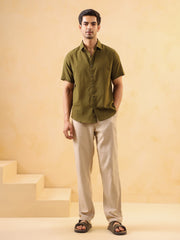 Olive Solid Cotton Cuban Collar Men's Shirt