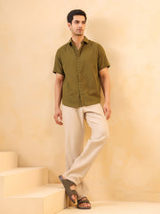 Olive Solid Cotton Cuban Collar Men's Shirt